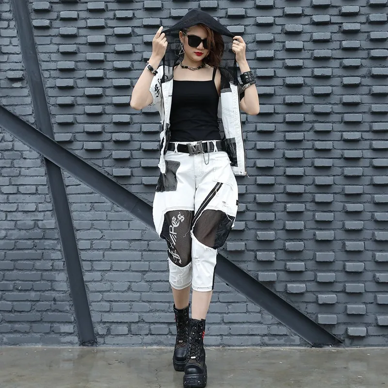 Street Women White Hooded Tops Harem Two Piece Summer Fashion Slim Mesh Patchwork Jacket Calf-Length Pants Set S M