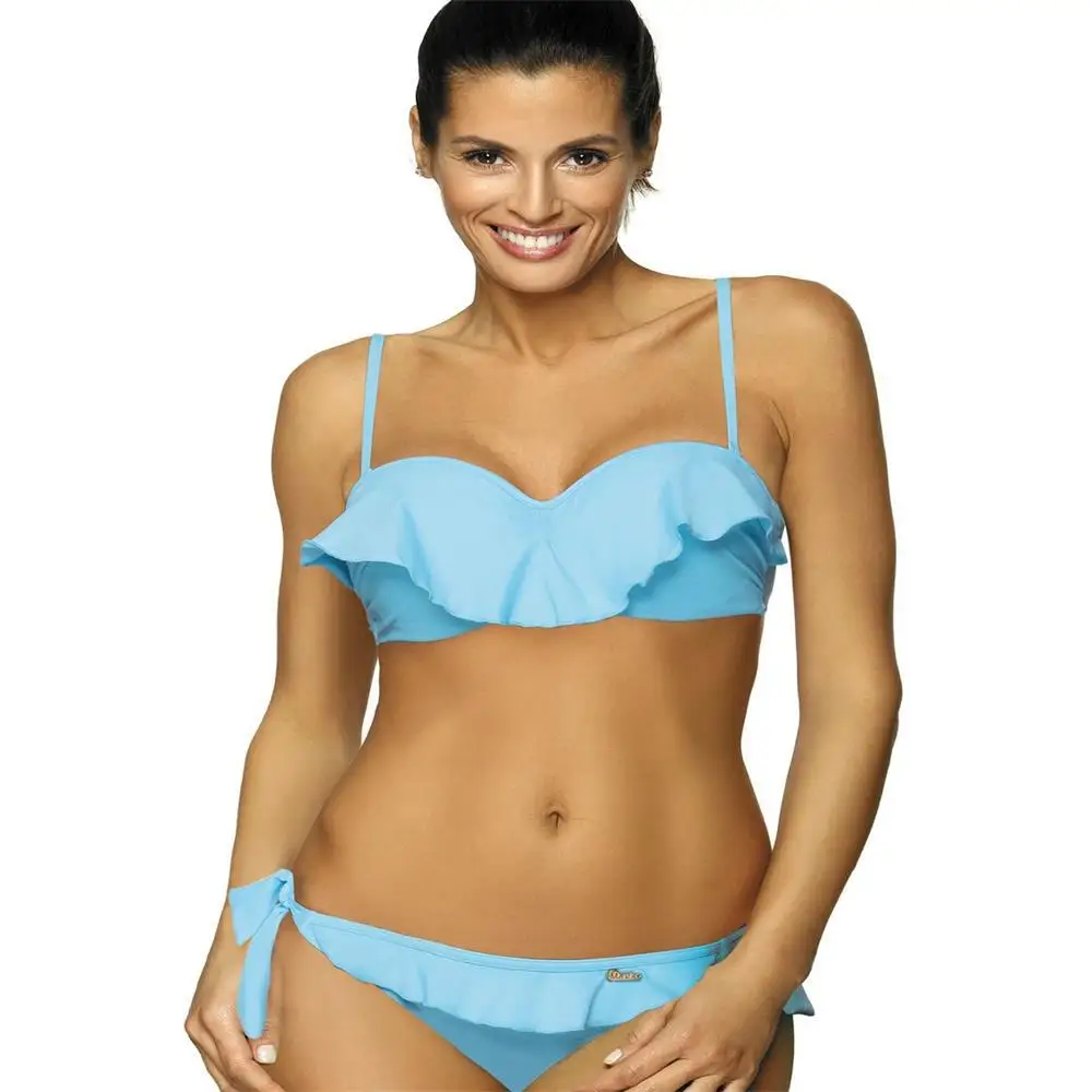 

2021 new European and American bikini swimsuit with separate flounces and pure color gathering