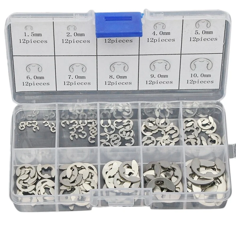 

120PCS 304 Stainless Steel E Clip Washer Assortment Kits Circlip Retaining Ring For Shaft Fastener M1.5-M10