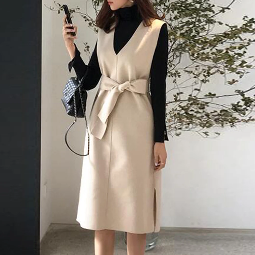

Wool Blend Winter Dress Women Elegant Sleeveless Tank Vestidos Autumn V Neck Woolen Belt Lace Up Korean Office Lady Midi Dress