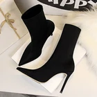 Женские ботинки до середины икры, с острым носком, из эластичной ткани, на тонком каблуке, Осень-зима