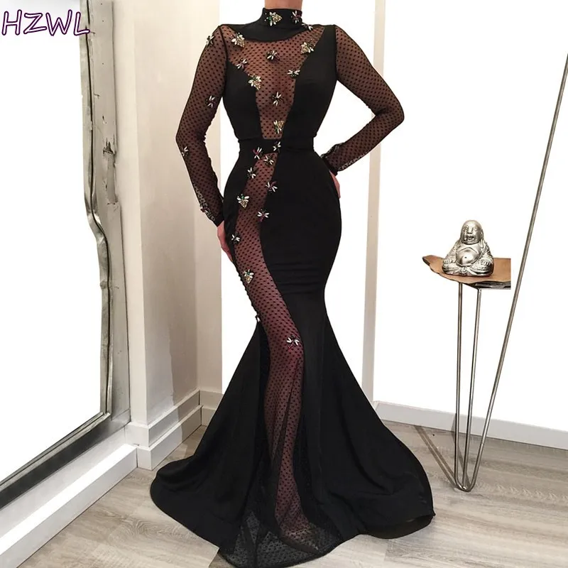 

Illusion Long Sleeves Evening Dresses 2020 Red Carpet Dresses Mermaid High Neck Backless Prom Gowns Vestido De Festa With Flower