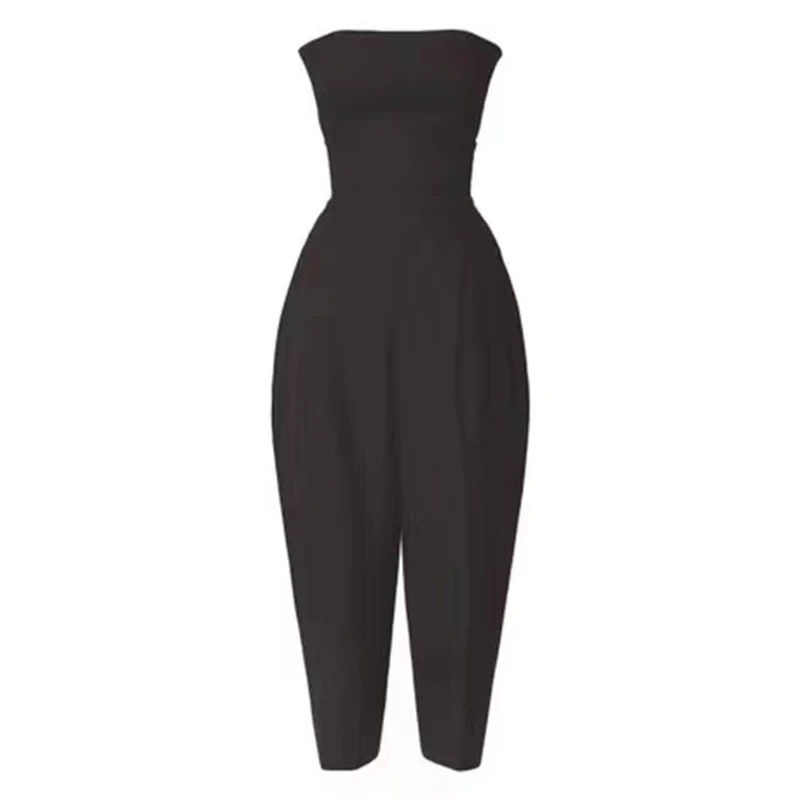 

GALCAUR Black Loose Jumpsuit For Women Slash Neck Sleeveless High Waist Hollow Out Minimalist Solid Jumpsuits Female 2021 Summer