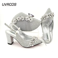 2021 african hot selling special crysral decoration style italian design silver color elegant women shoes and bag set for party