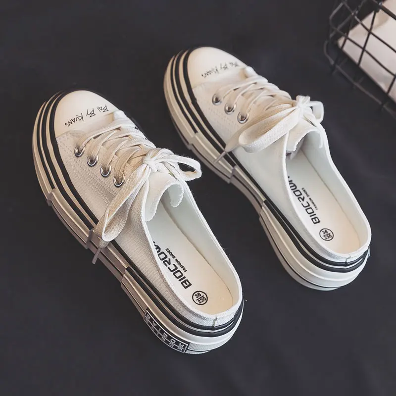 

Female Canvas Shoes Summer 2022 Half Slippers Black White Girls Students Gumshoes Thick Soled All Match Solid Color Fashion Shoe