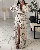 spring women abstract figure print buttoned shirt dress without belt 2022 femme lantern sleeve maxi robe office lady outfit traf