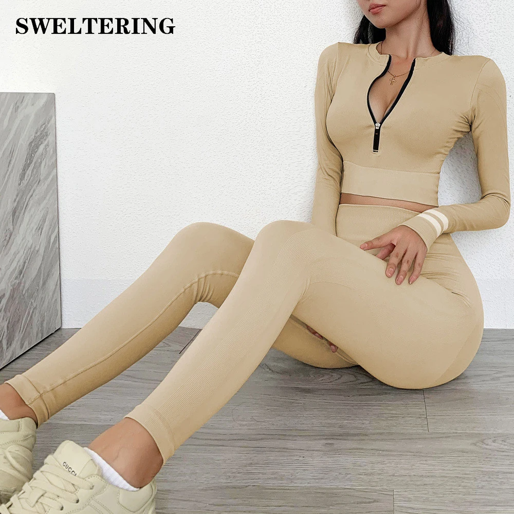 

Seamless Yoga Set Zipper Long Sleeve Sports Top Running Fitness High Waist Running Sportswear Workout Clothes Women gym set 2Pcs
