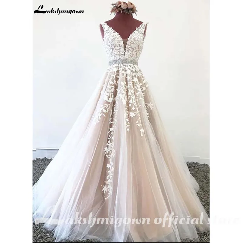 

V Neck Lace Champagne Wedding Dress 2022 Tulle Beach Wedding Dresses Robe de mariee trouwjurk