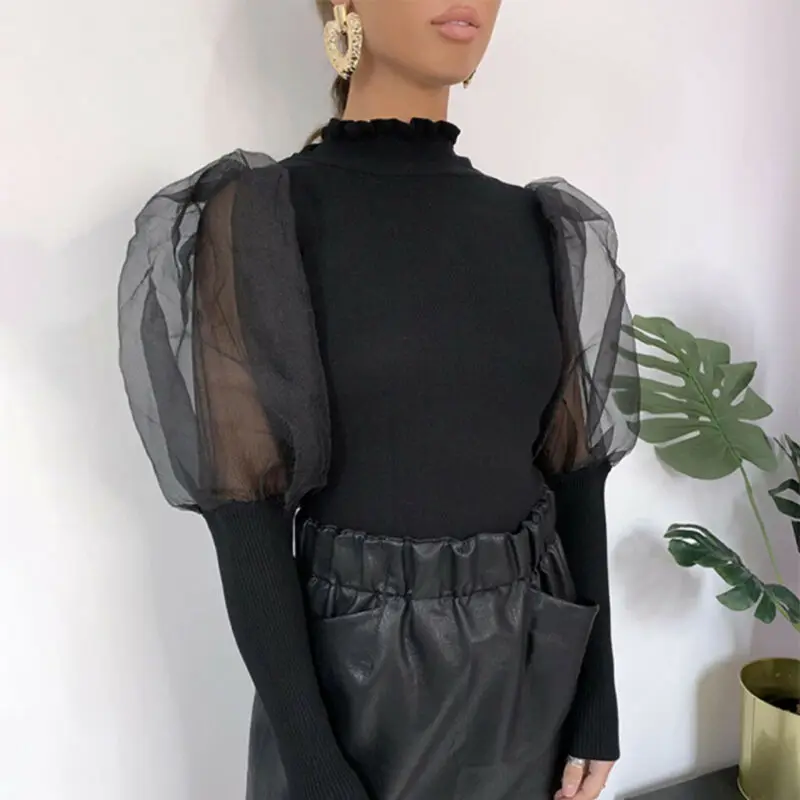 Женская Весенняя сетчатая пышная трикотажная рубашка в рубчик с длинным рукавом