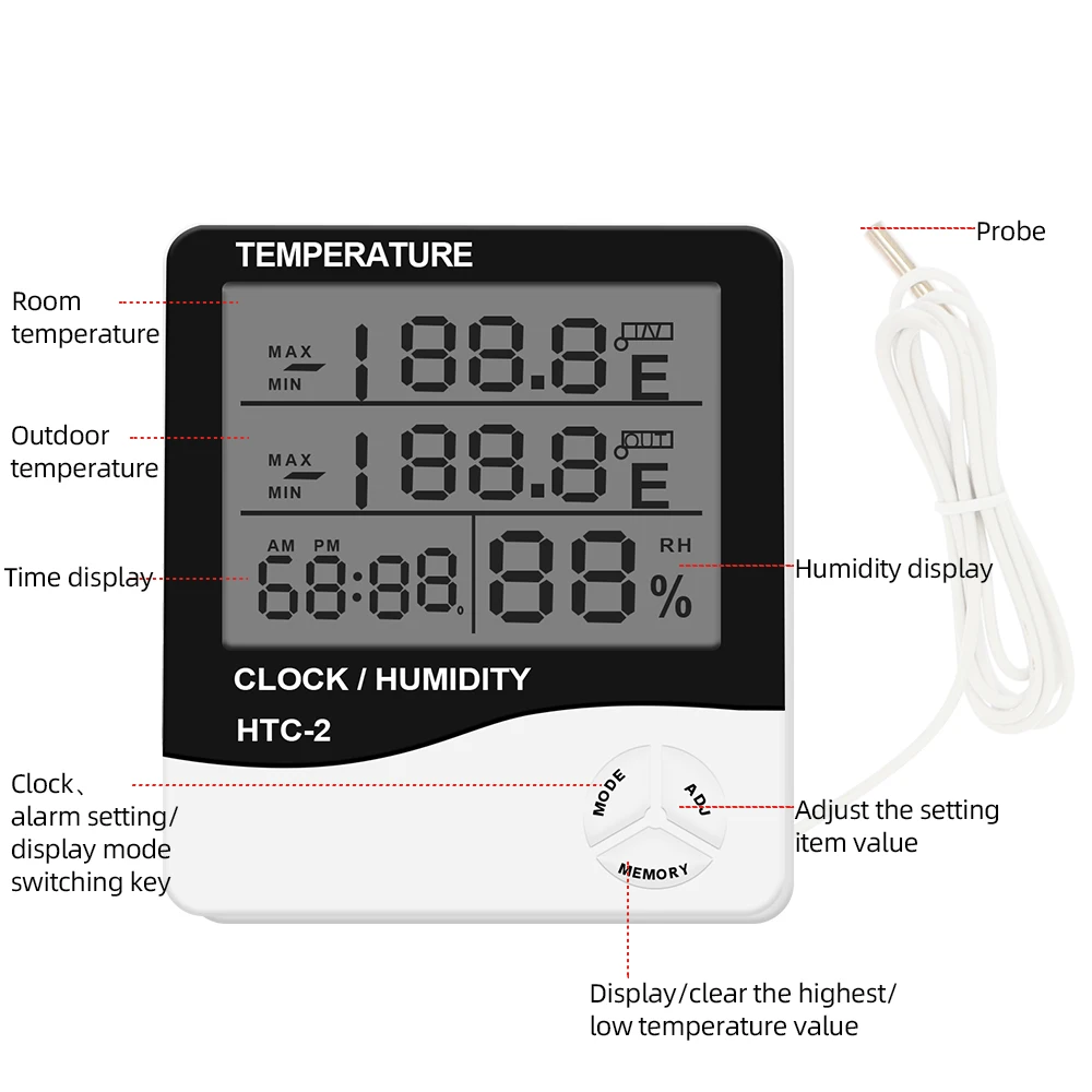 HTC-2 Home Indoor Outdoor Thermometer Hygrometer Digital Temperature Humidity Display Meter Clock Weather Station Probe 40%OFF |