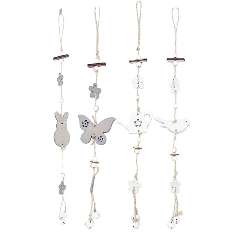 

4 Pcs Easter Wooden Pendant, Bunny Rabbit Butterfly Kettle Little Bird Shape Hanging Pendant for Home Party Decorations