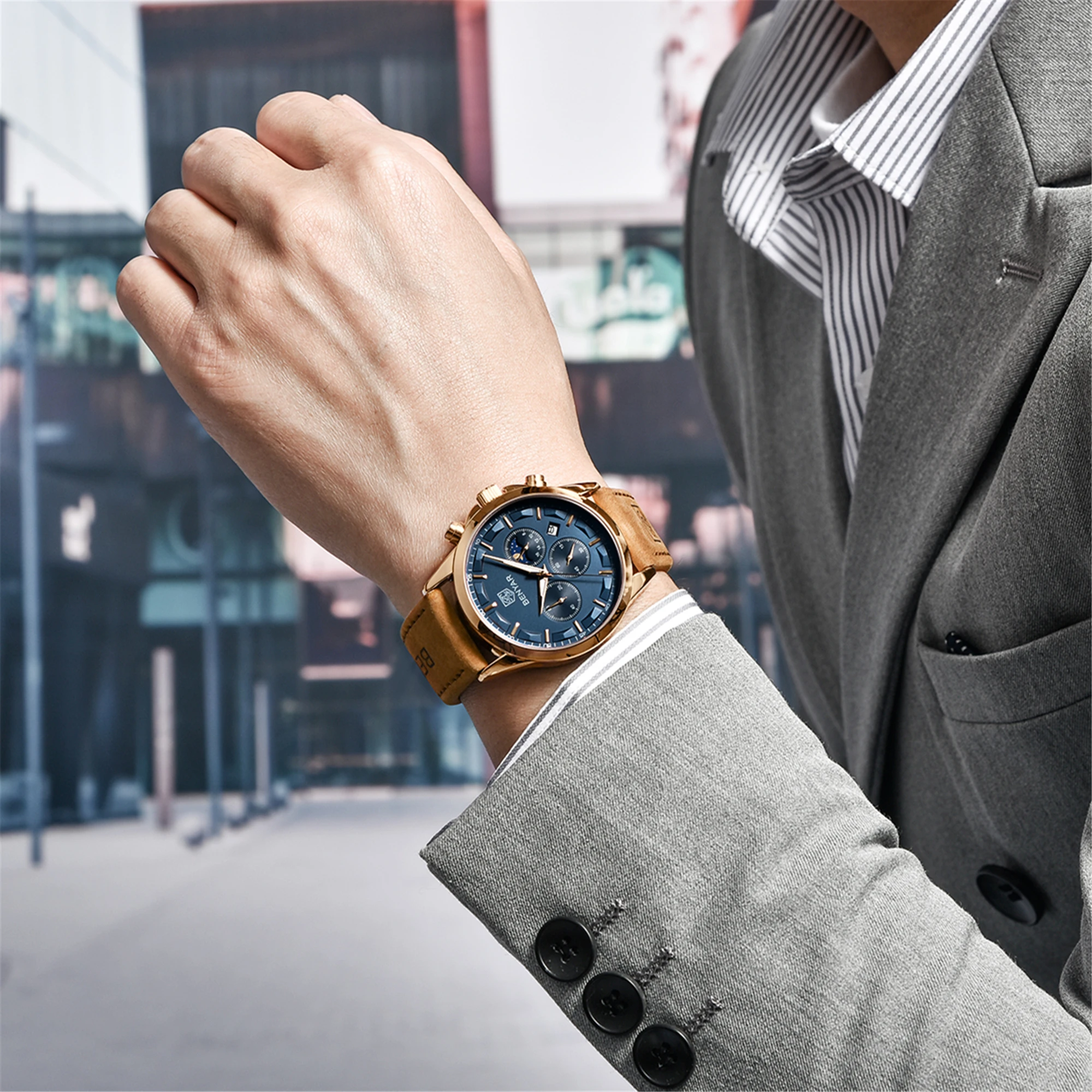 2021 Benyar New Fashion Brand Men's Luxury Quartz Watch High Quality Waterproof Leather Luminous Pointer Watch Relogio Masculino