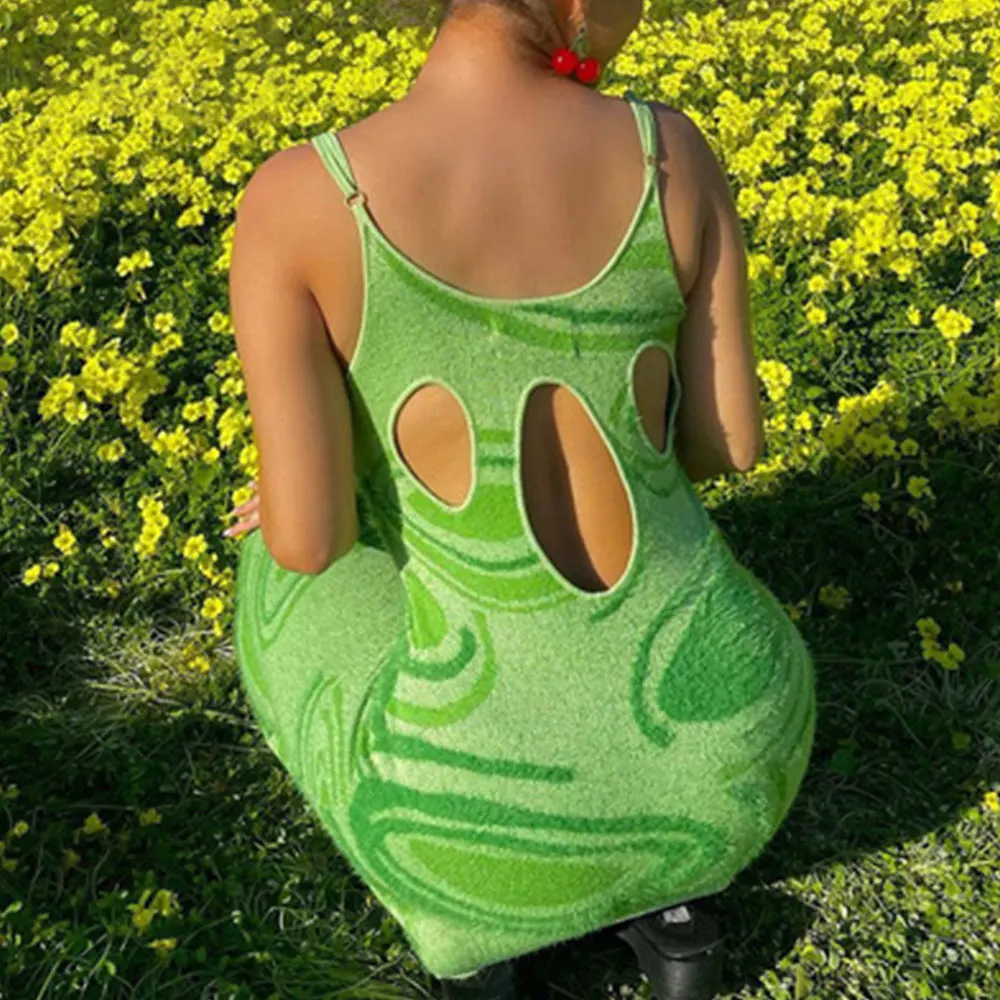 

Casual Print Knitted Spaghetti Strap Dress Women Bodycon Sexy Hollow Out Y2K Elegant Female 2021 Beach Midi Party Dresses