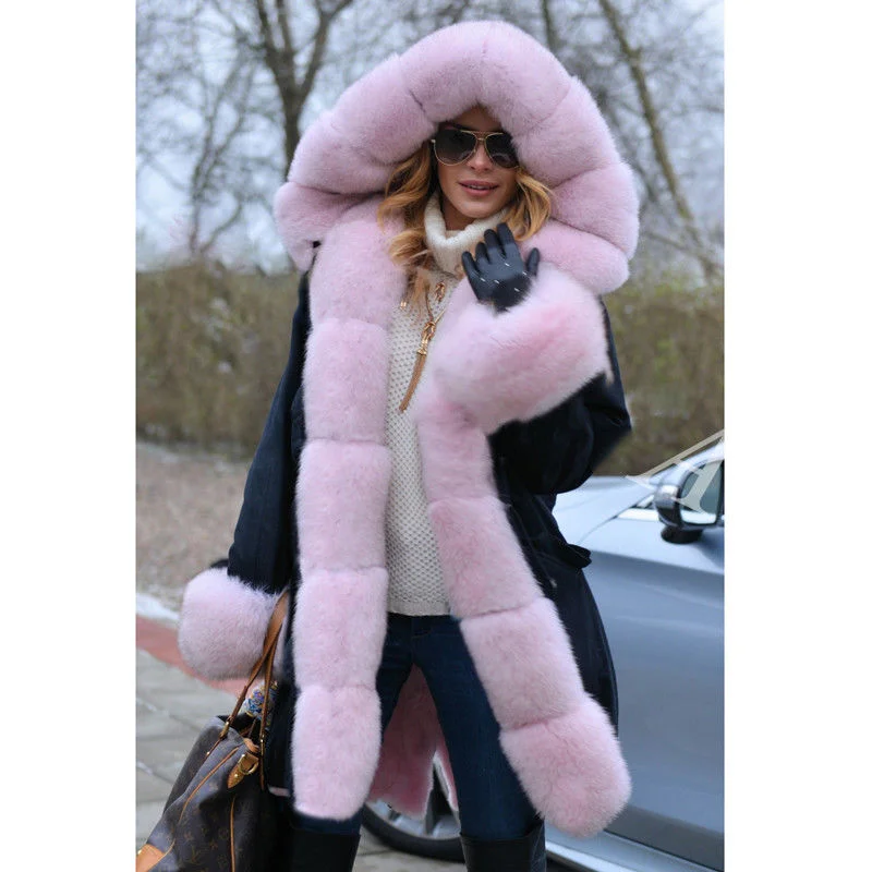 2022 Fashion Mid-length Real Fox Fur Parkas with Hood Thick Warm Women Winter Fur Overcoat Luxury Genuine Fox Fur Coats Outwear