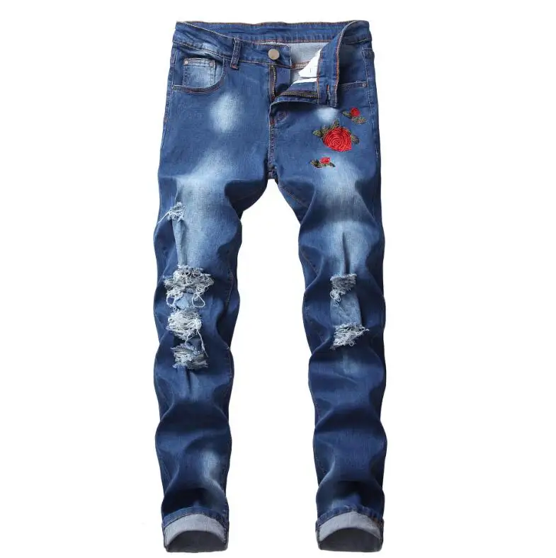 VXO Men's Jeans Slim Embroidered Hole Jeans Embroidered Flower Men's Denim Pants Men Clothing