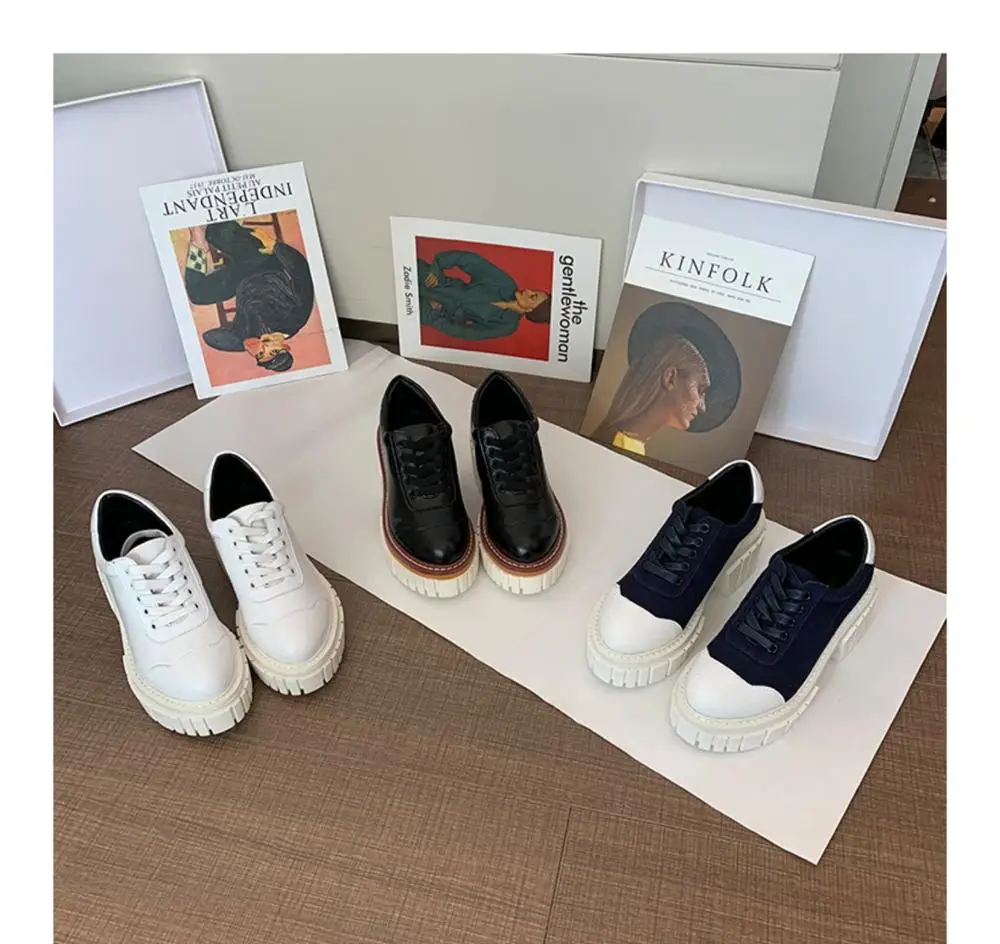 

Thick-soled Platform Leather Shoes Woman British Style All-match Lace-Up Height-increasing Shoes for Spring Autumn