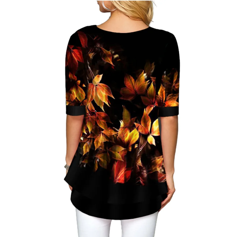 Модная рубашка с принтом листьев женская блузка коротким рукавом сезон