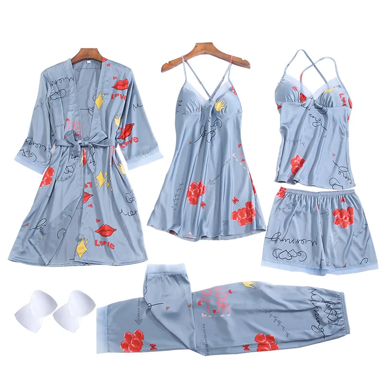 

Pink Print 5PCS Women Robe Sets Sexy Hanging Skirt Pajamas Suit Lingerie Loose Nighty Home Wear Kimono Bath Sleepwear Home Dress