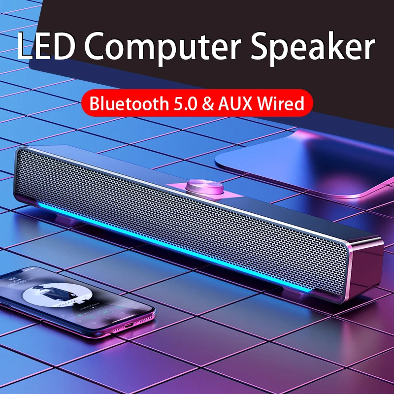 

Bluetooth 5.0 USB Wired LED Loudspeaker 3D Surround Stereo Soundbar Hi-Fi Speaker Heavy Bass Subwoofer Speakers for Computer Tv