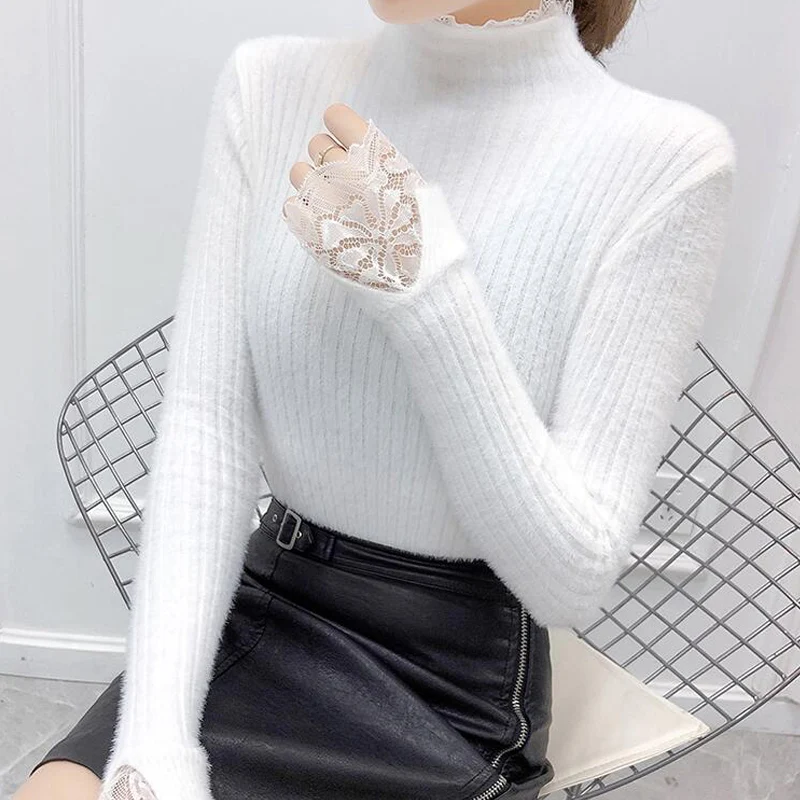 Облегающий свитер из искусственного меха норки женский осенне-зимний вязаный