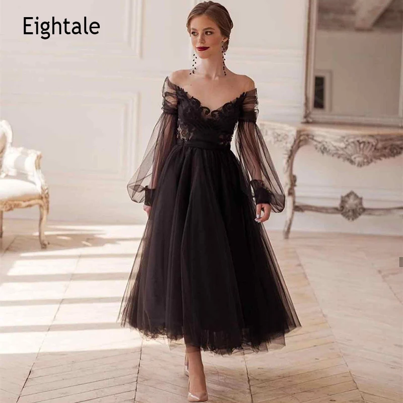

Eightale Black Prom Dress O-Neck Appliques Lace Long Sleeves Evening Party Gown Celebrity Graduation Dress vestidos de formatura