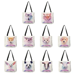 Сумка-тоут с акварельным рисунком животных, Повседневная льняная прочная сумка на плечо с принтом панды, тигра, волка, кота, собаки, студенческие мешки для девушек