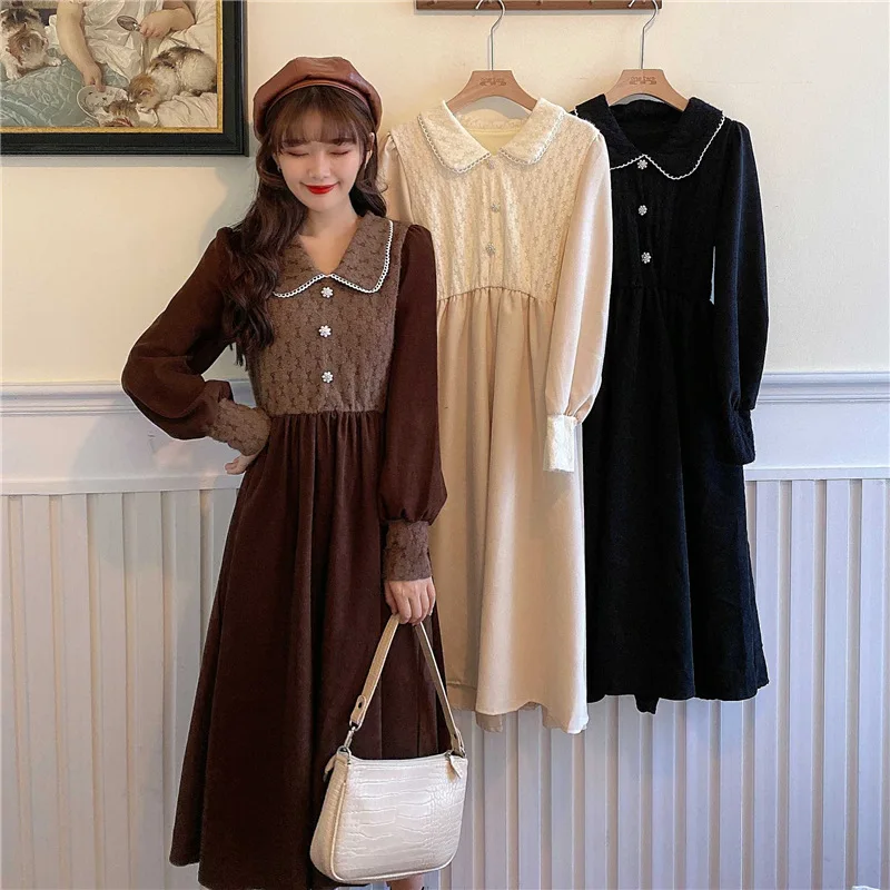 

Retro Women Dresses Lace Patchwork Peter Pan Collar Long Sleeve A-line Party Midi Dress