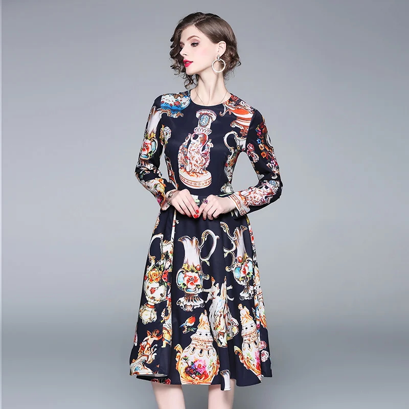 2019 дизайнерское подиумное платье с длинным рукавом круглым вырезом цветочной