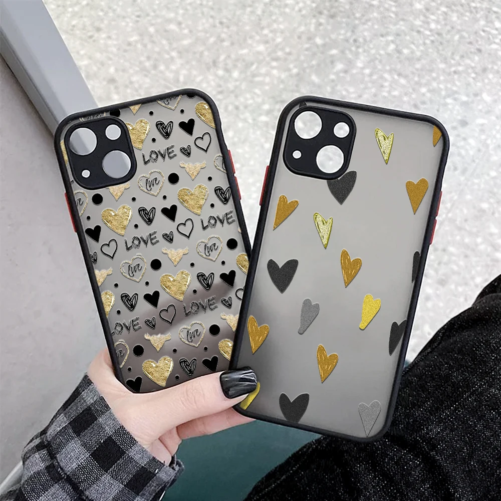

Creative Love Hert Black gold luxury iphone 13 12 XS 11 Pro Max Mini 7 8 Plus SE2020 X XR Case Camera protection shockproof PC