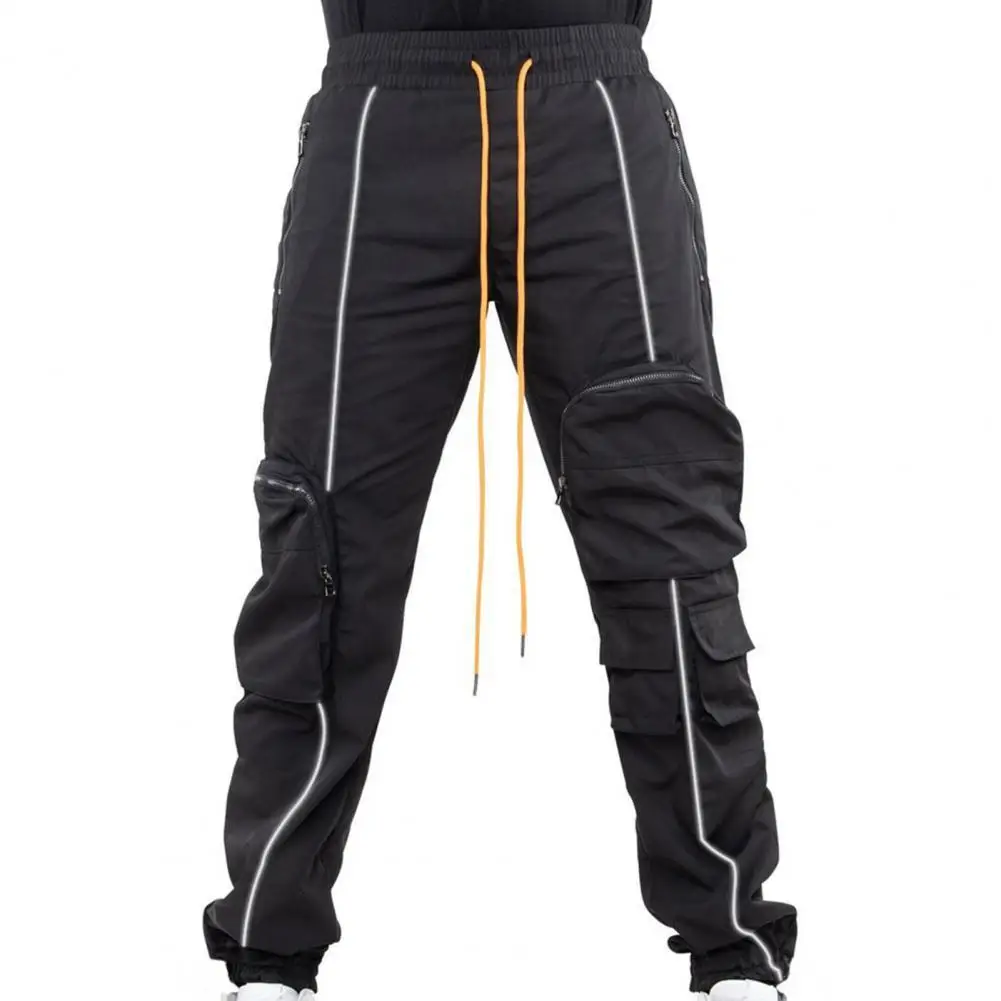 

50% Hot Sales Men Pants Multi Pockets Reflective Strip Trousers Ankle Tied Drawstring Pants for Sports