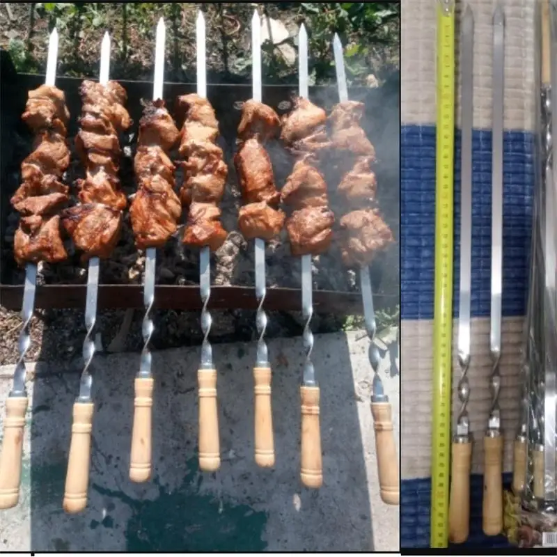 

55cm 21.5" BBQ Skewers Long Handle Shish Kebab Barbecue Grill Stick Wood BBQ Fork Stainless steel Outdoors Grill Needle 6/10pcs