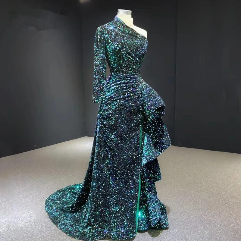 

Женское длинное вечернее платье-русалка, платье с одним рукавом и арабскими блестками для выпускного вечера, 2021