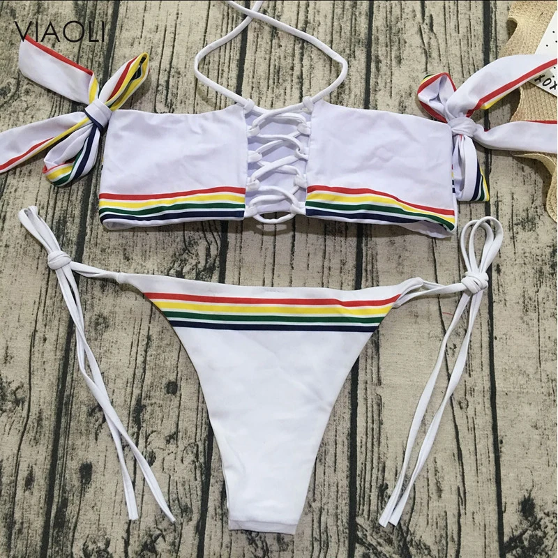 Новинка пикантный полосатый комплект бикини VIAOLI без бретелек бандаж на спине