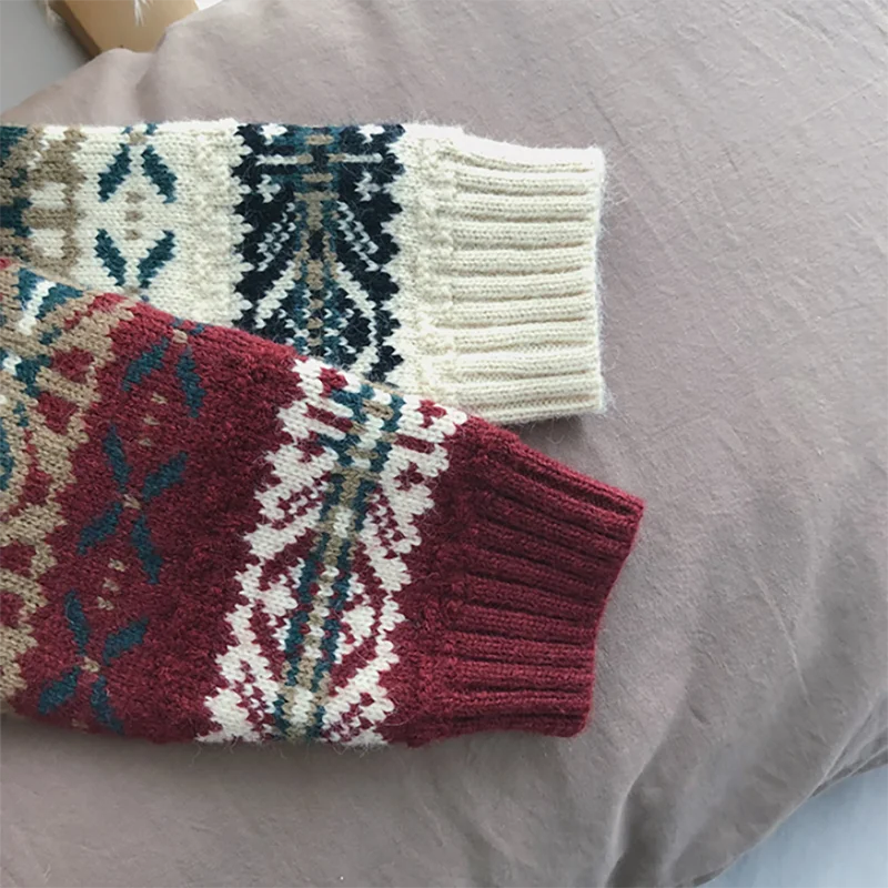 Детский свитер в стиле ретро жаккардовый вязаный с длинными рукавами и