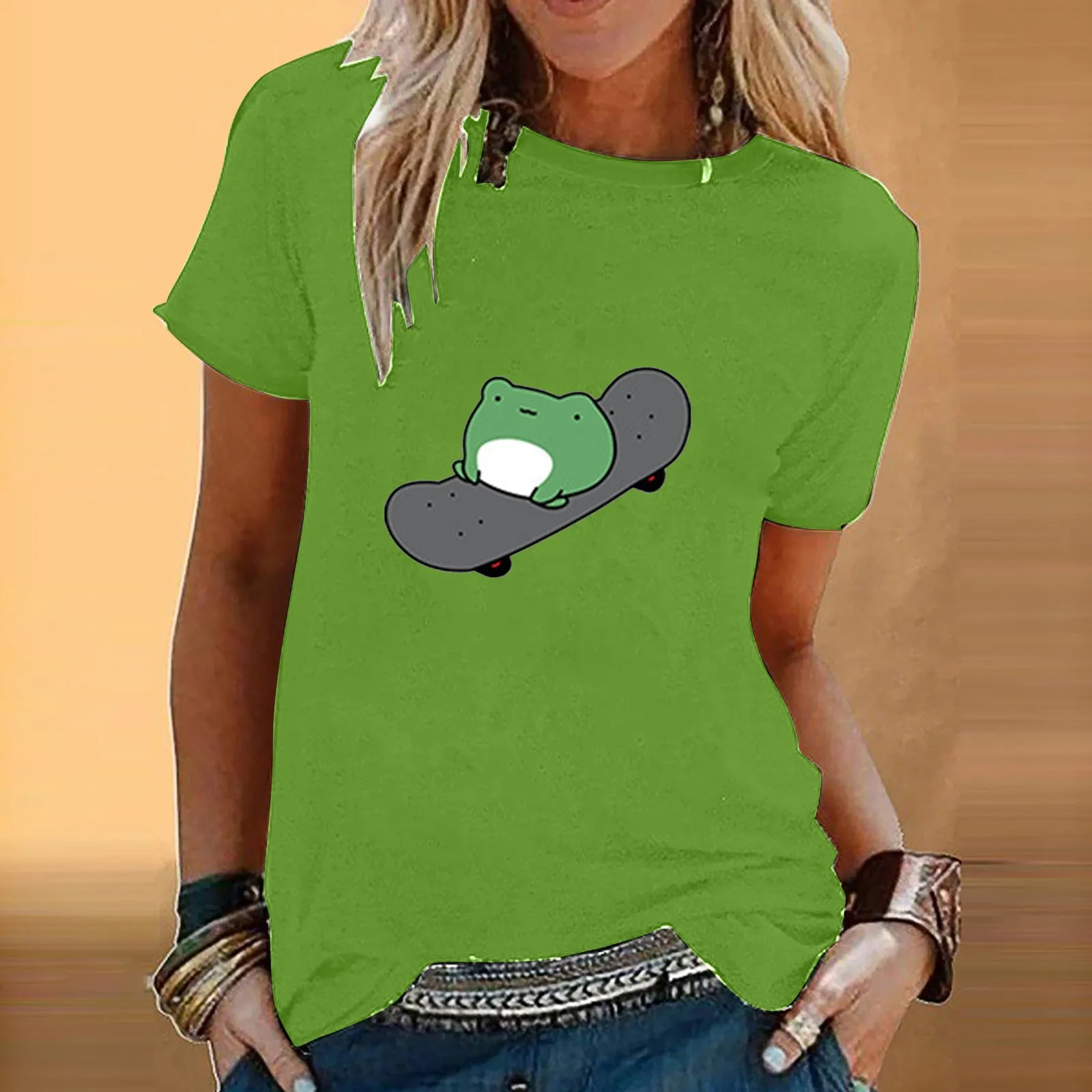 

Skateboard Frog Printed Oversized Women T-Shirt Fashion O Neck Short Sleeve Tops Korean Fashion Summer T-Shirts Female