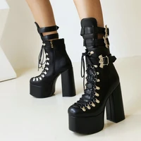 sexy womens sqaure toe block heels ankle boots solid leather buckle straps decorative booties platformm lace up punk style