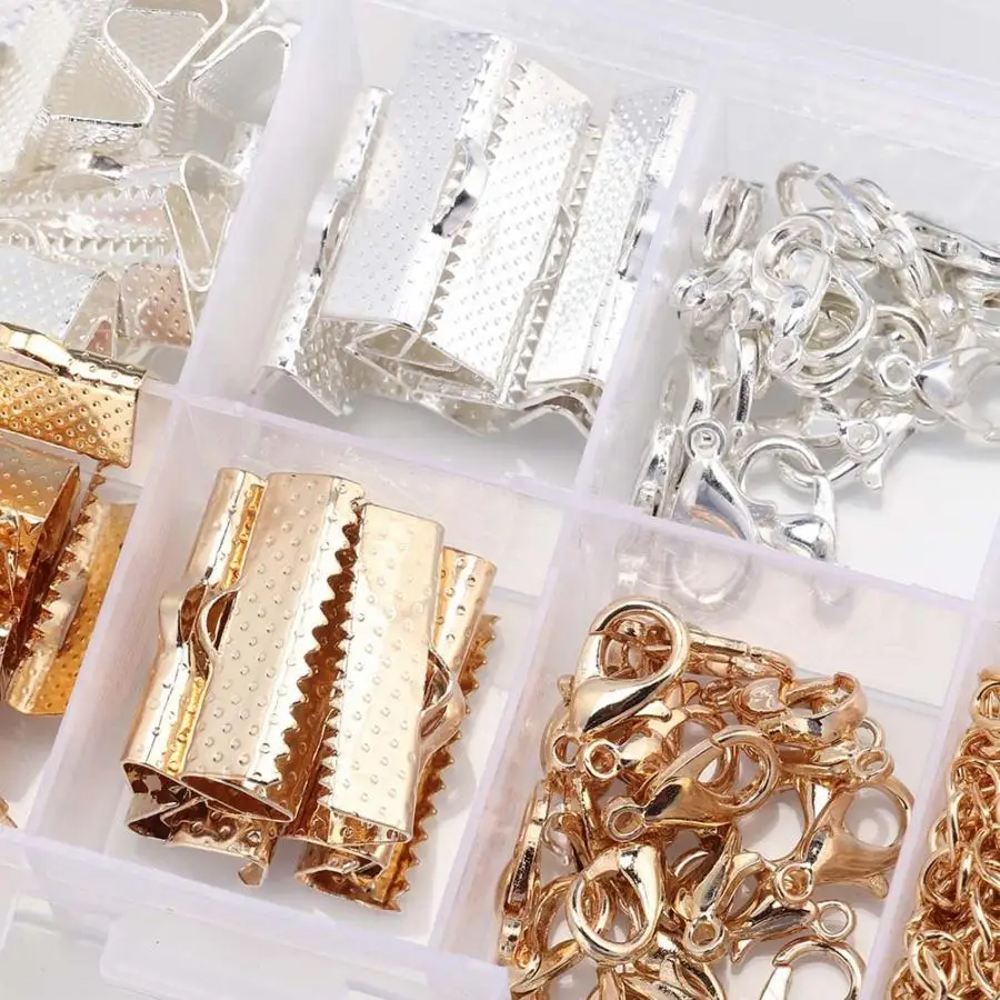 Metal Jewelry Findings Making Ribbon Ends Jump Rings Lobster Clasp Extension Chain Set with Box Accessory | Украшения и
