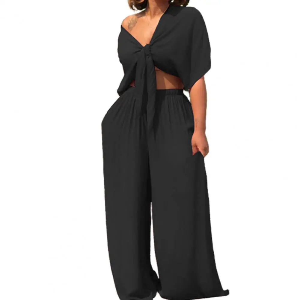 

40% Прямая поставка! Однотонная женская одежда, комплект из двух предметов с широкими штанинами, укороченный топ с эластичным поясом, уличная одежда