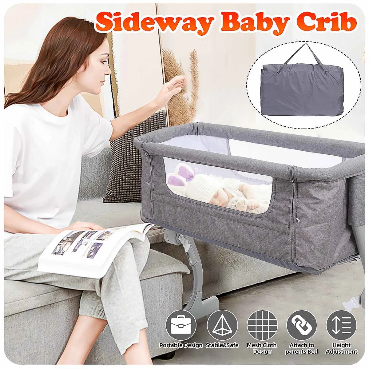 

Portable Baby Bed Rotary Lifting Folding Crib Cradle Bed Stitching Big Bed Rocking Baby Bassinet With Wheels