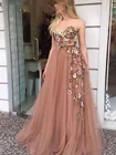 Женское длинное вечернее платье, элегантное фатиновое платье телесного розового цвета с аппликацией для выпускного вечера, 2021