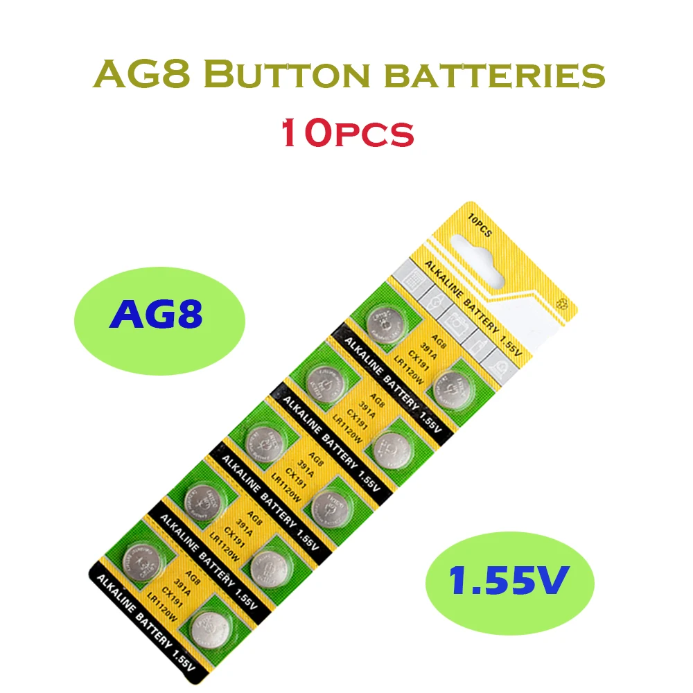 

AG8 10PCS=1Card 45mAh Alkaline 1.55V Button Battery 191 LR1120 391 SR1120 CX191 LR55 LR1120W Coin Cell For Watch Toy Control