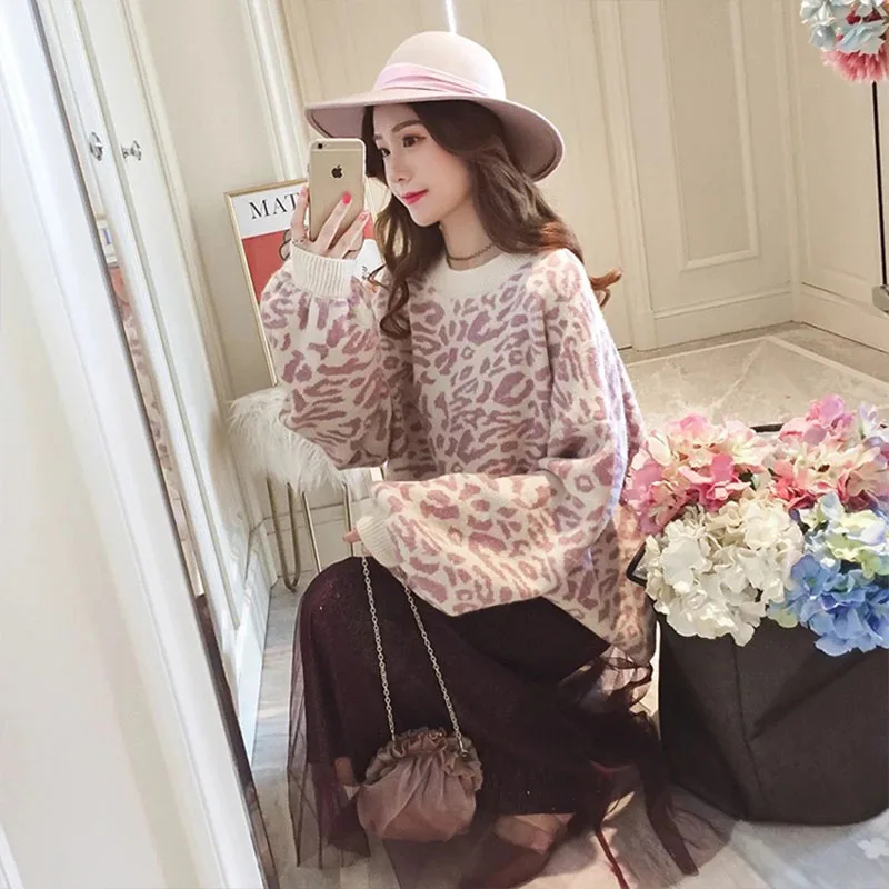 

Loose Sweater Women Winter 2020 Leopard Print Knitted Casual Sweater Long Sleeve Pullover O-Neck Thick Tops Sweater Animal