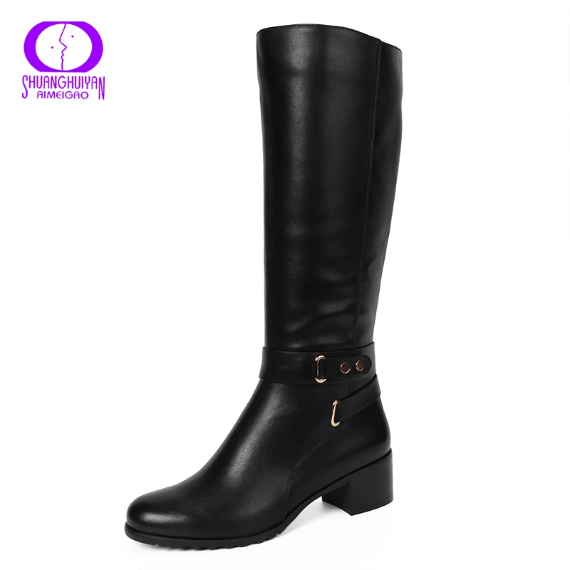 D4380-Black AIMEIGAO/зимние теплые кожаные высокие сапоги; женские Сапоги выше колена с боковой молнией; женские сапоги на платформе с круглым носком; большие размеры - Цвет: D4380-Black