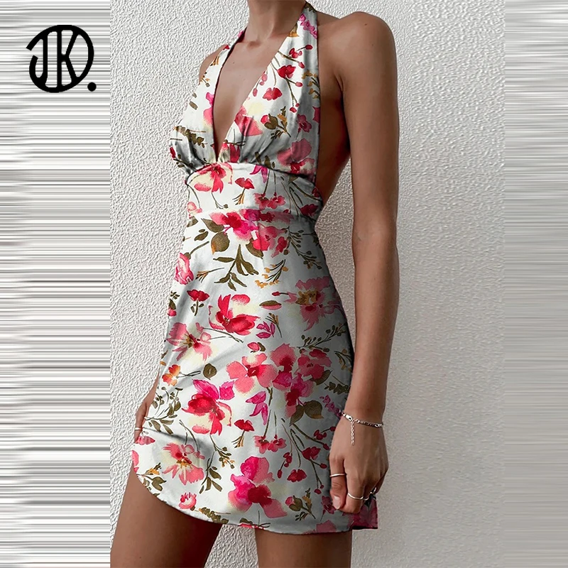 

Sexy V Neck Floral Print Backless Bodycon Dresses Backless Party Summer Dress Lady Halter Mini Dresses Elegant Beach Streetwear