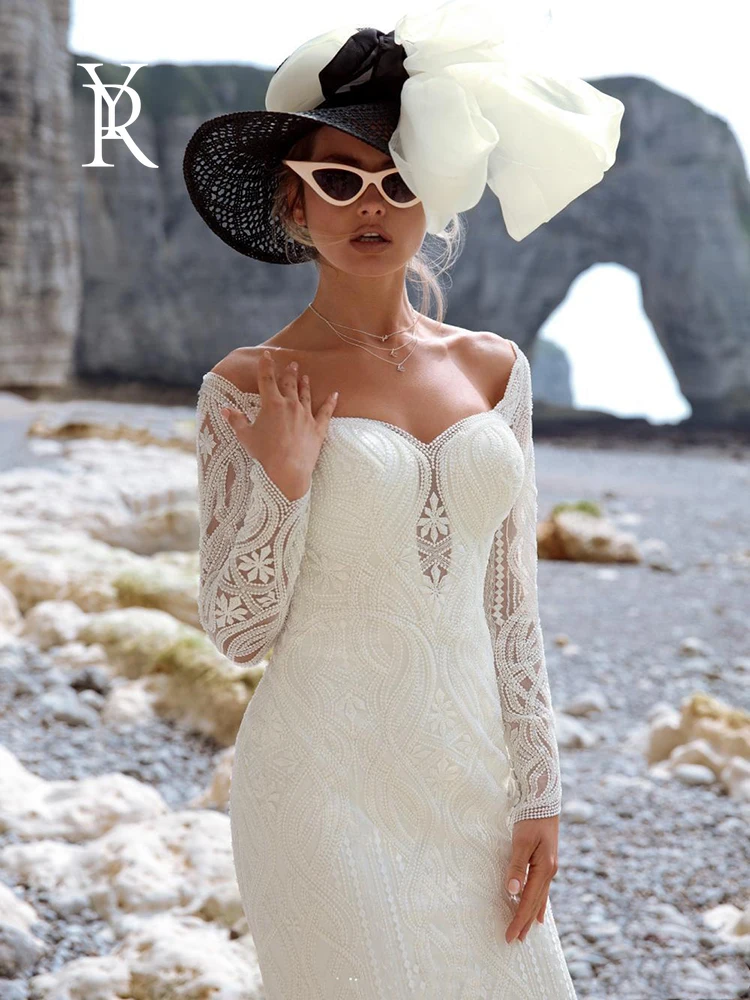 

YILIBER Mermaid wedding dress one shoulder long sleeve wedding gown buttons lace skirt luxury retro bridal dresses