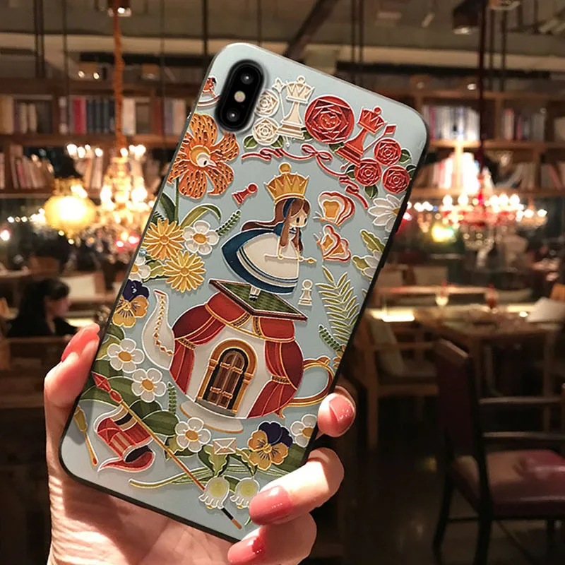 Wonderland Embossed Phone Case for Samsung S8 9 10 20 21 22 Ultra Plus Note 8 9 10 20 Ultra Plus Cartoon Bear Soft Back Covers