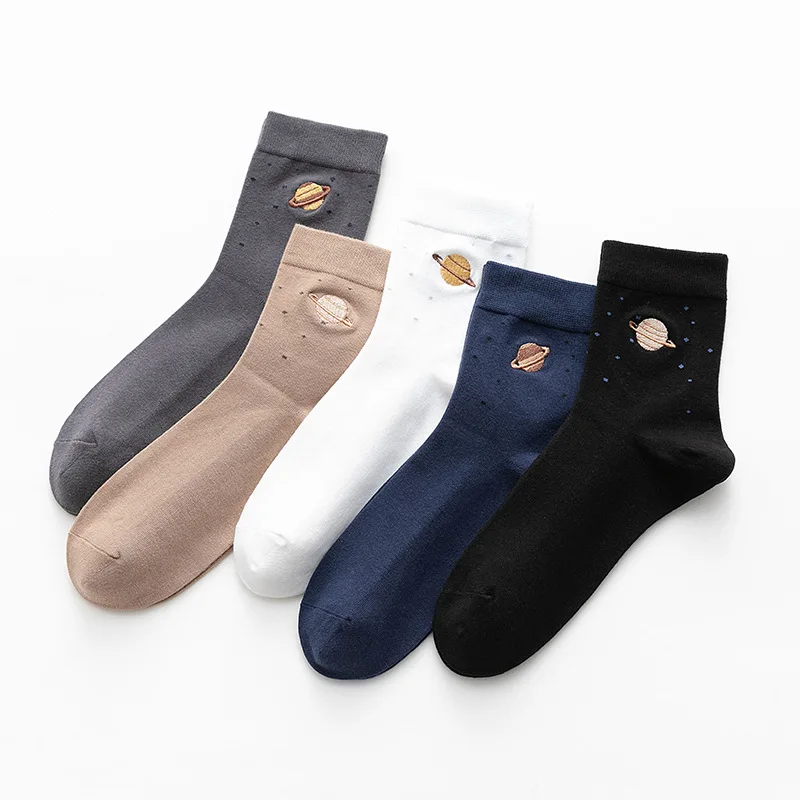 

Pure Color Planet Embroidery Casual Style 1Pair Men Socks Breathable Cotton Mid Tube Socks Non-Slip