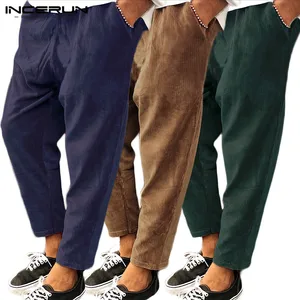 INCERUN, мужские однотонные вельветовые повседневные Джокеры, спортивные штаны с эластичной резинкой на талии, модные мужские Штаны-шаровары со шнуровкой