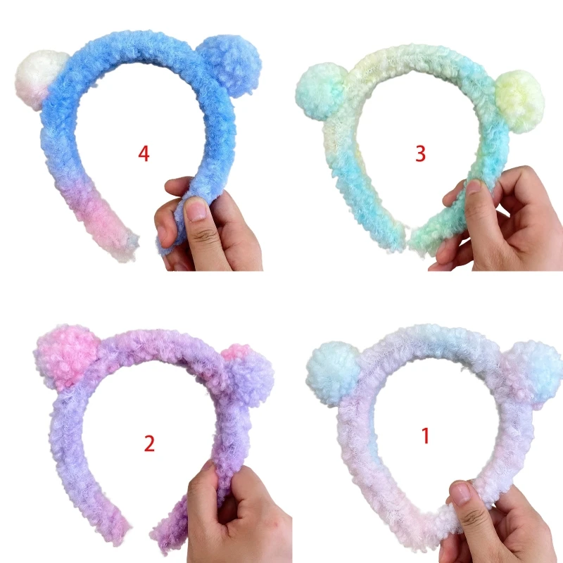 

Women Girls Cute Bear Ears Headband Gradient Colorful Fuzzy Furry Plush Hair Hoop Wash Face Makeup Cosplay Party Bandana