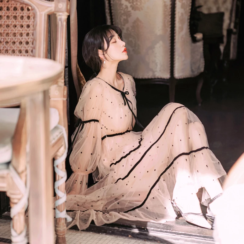 

WAVSIYIER Long Sleeve Dress Female Chic Lace Mesh Spring Autumn 2020 New Arrival Loose Vintage Midid Dresses Elegant Flare Lady